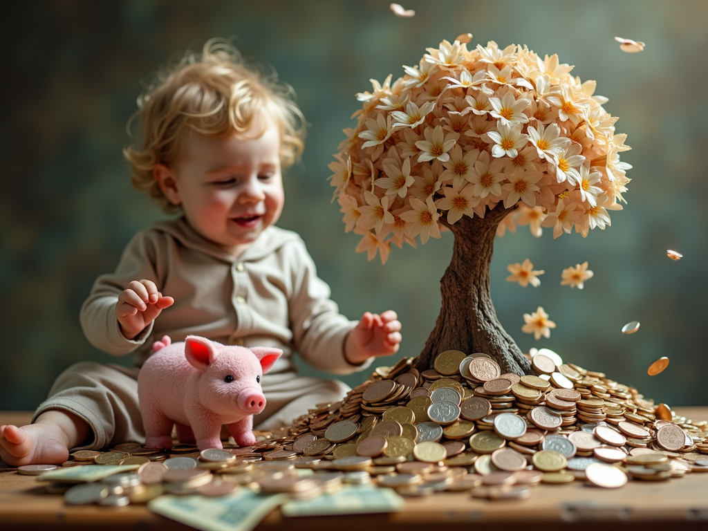 Un bambino con un salvadanaio che simboleggia il primo passo verso la costruzione del patrimonio.