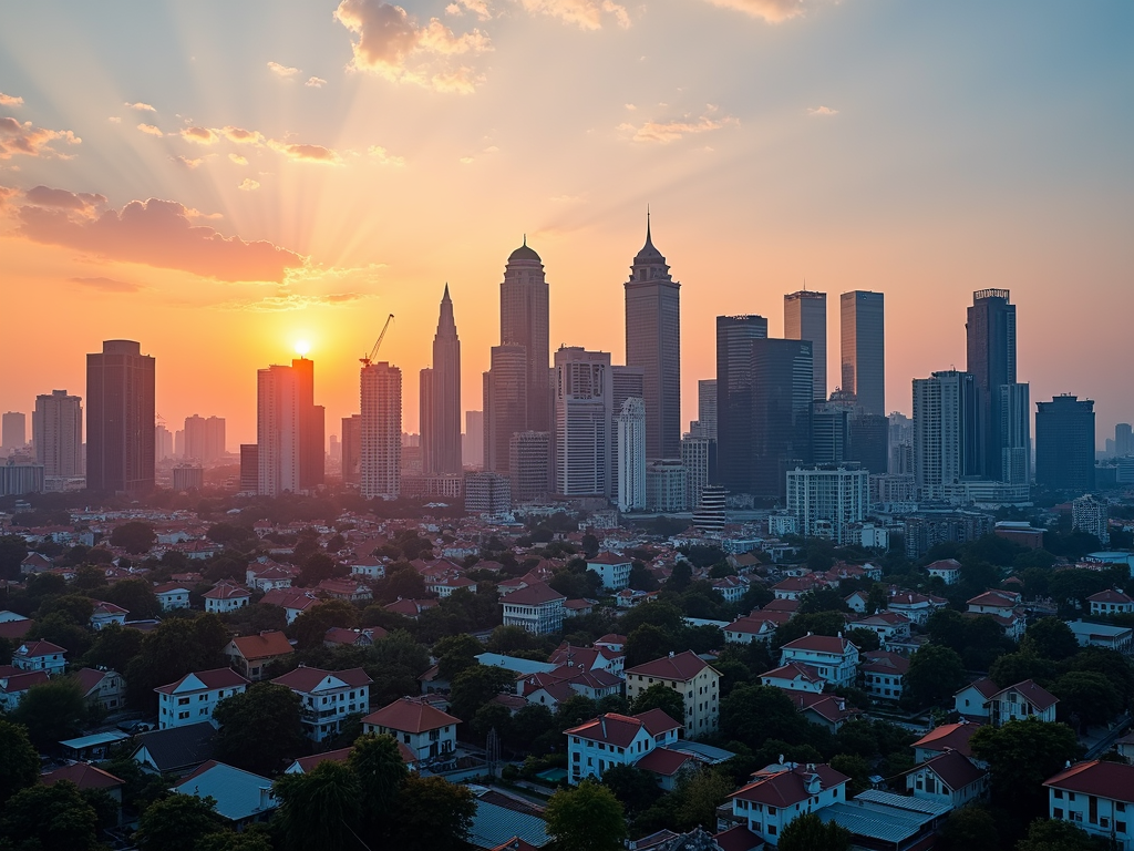 Skyline at sunset, symbolizes the stable development of values and the opportunities of real estate.