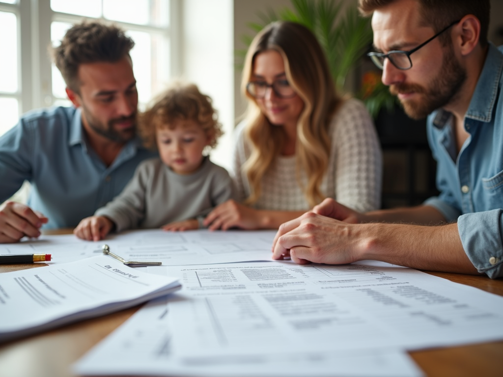 Una famiglia esamina i piani finanziari con attenzione al capitale proprio e all'ammortamento.