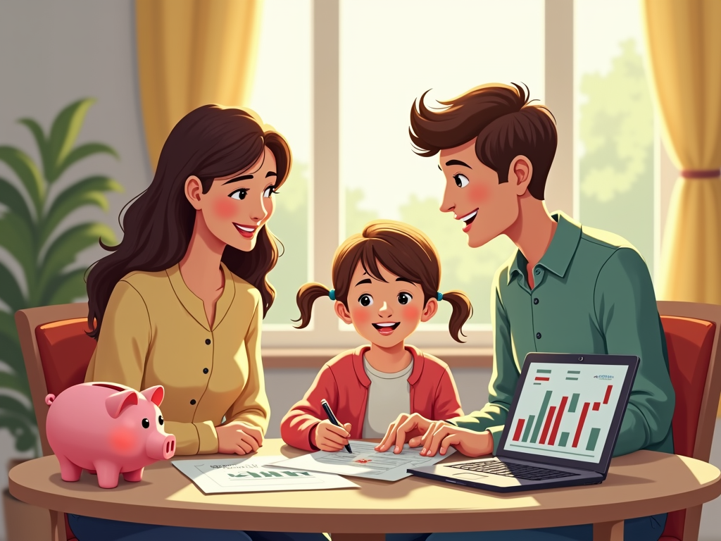 Familie diskutiert über Sparpläne und Depots zur Sicherung der finanziellen Zukunft ihrer Kinder.