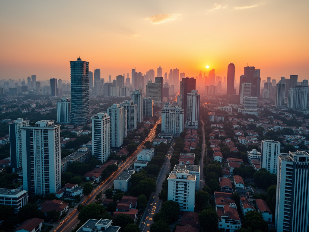 Skyline at sunset, symbolizes the stable development of values and the opportunities of real estate.