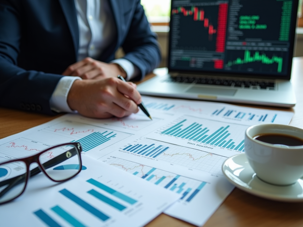 An investor analyzes stock charts and financial reports to determine value.