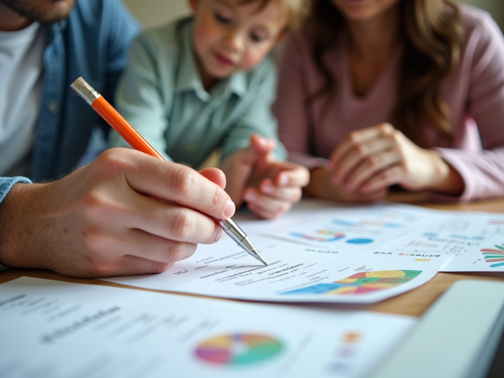 Una famiglia esamina i piani finanziari con attenzione al capitale proprio e all'ammortamento.