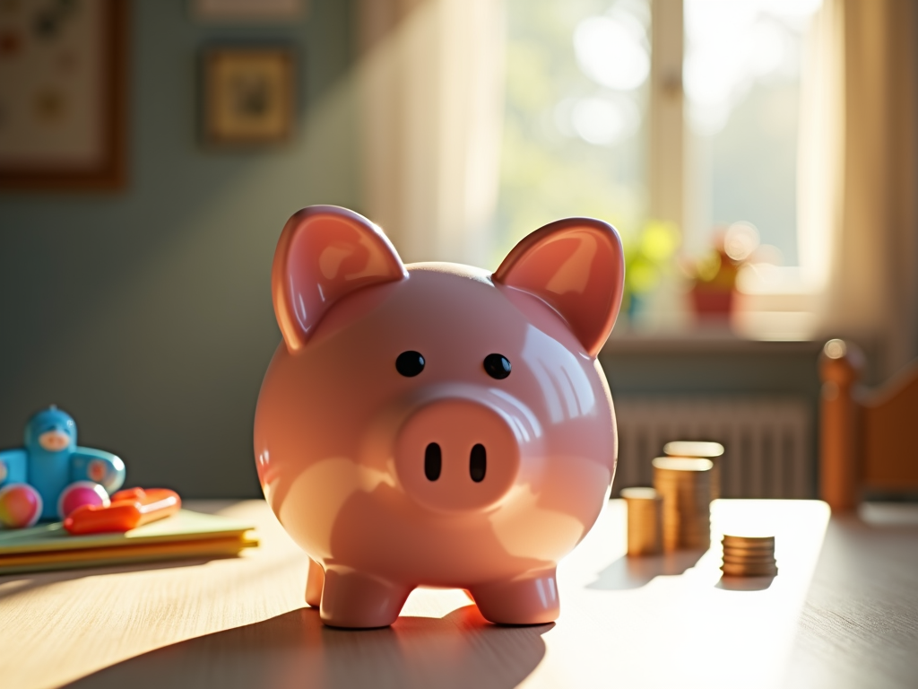 A piggy bank on a child's desk, surrounded by toys and coins.