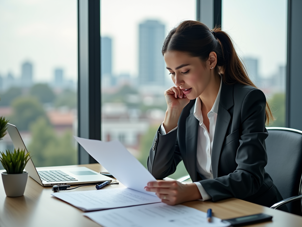 A businessman checks the documents of his BU insurance to protect himself from financial risks.