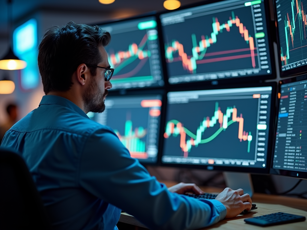 Trader analizza strategie di mercato con stop-loss e diversificazione.