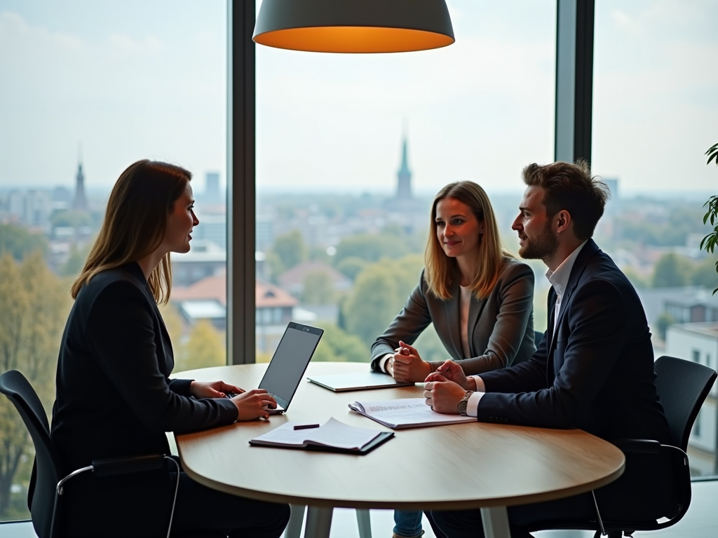 A young couple discusses decision-making criteria for construction financing with a consultant.