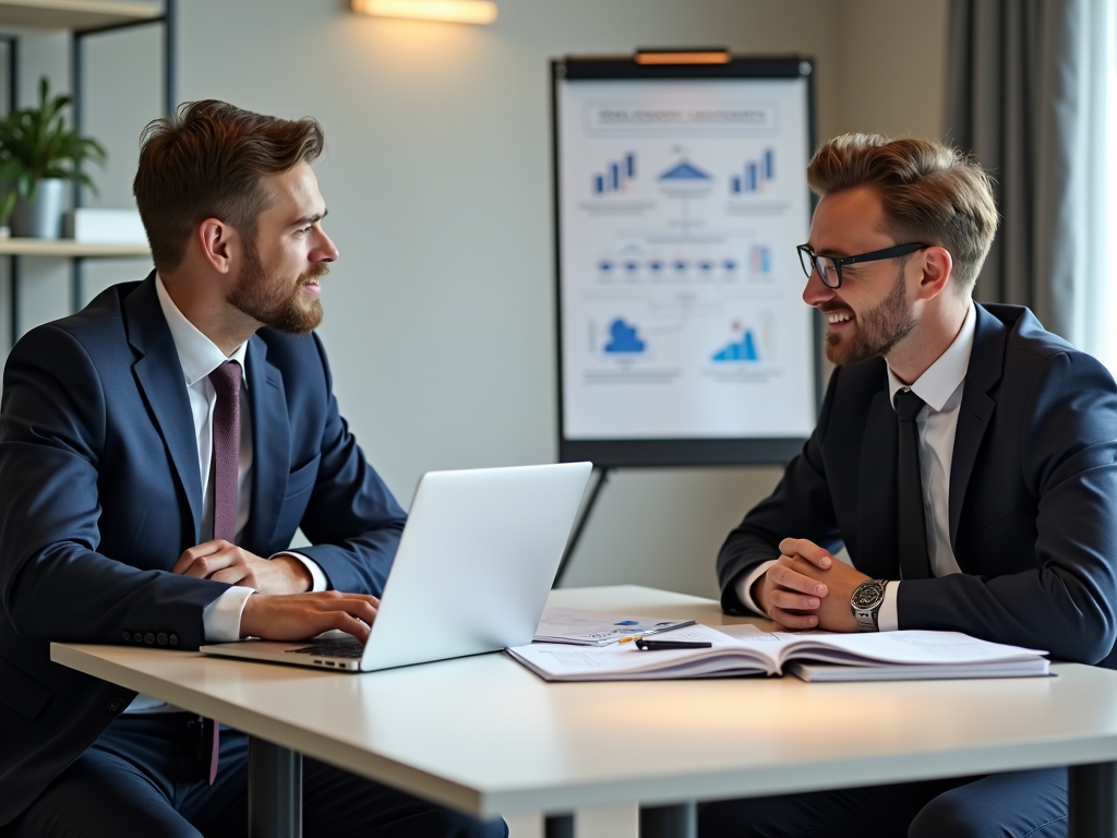 Ein Selbstständiger diskutiert Firmenkreditoptionen mit einem Bankberater.