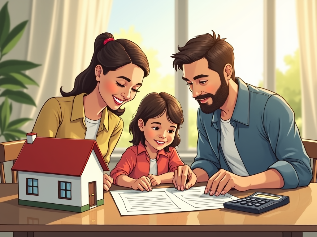 Familie bei der Planung der Baufinanzierung mit Fokus auf Eigenkapital und Zinsvergleich.