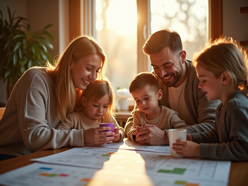 Eltern diskutieren mit ihren Kindern über finanzielle Investitionen.