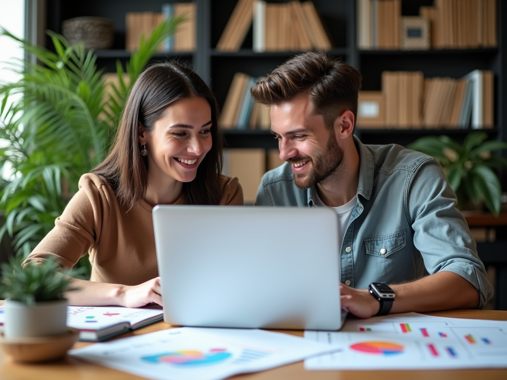 A young couple planning their financial future with a stock savings plan.