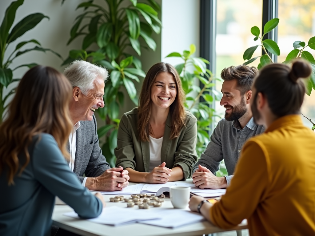 Investoren diskutieren nachhaltige Anlagestrategien in einer umweltfreundlichen Umgebung.