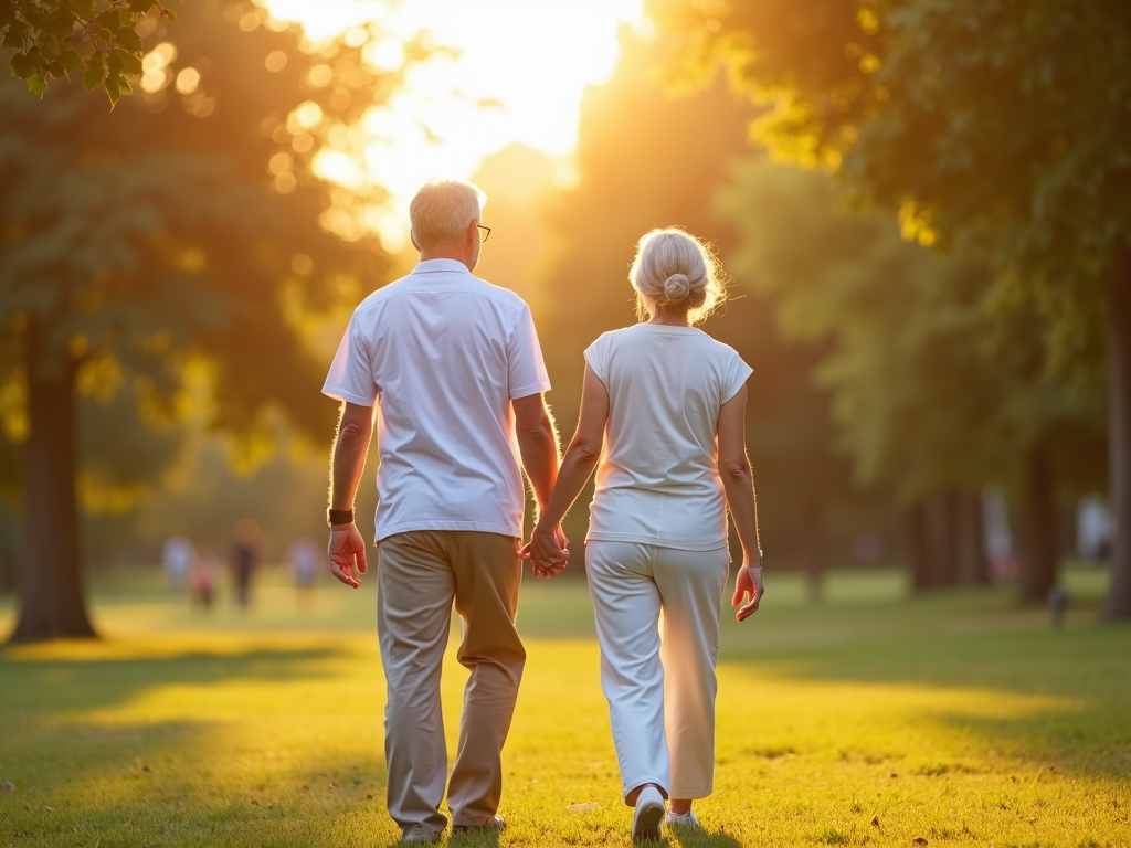 An elderly couple enjoys a walk, symbolically representing flexible retirement through partial pension.