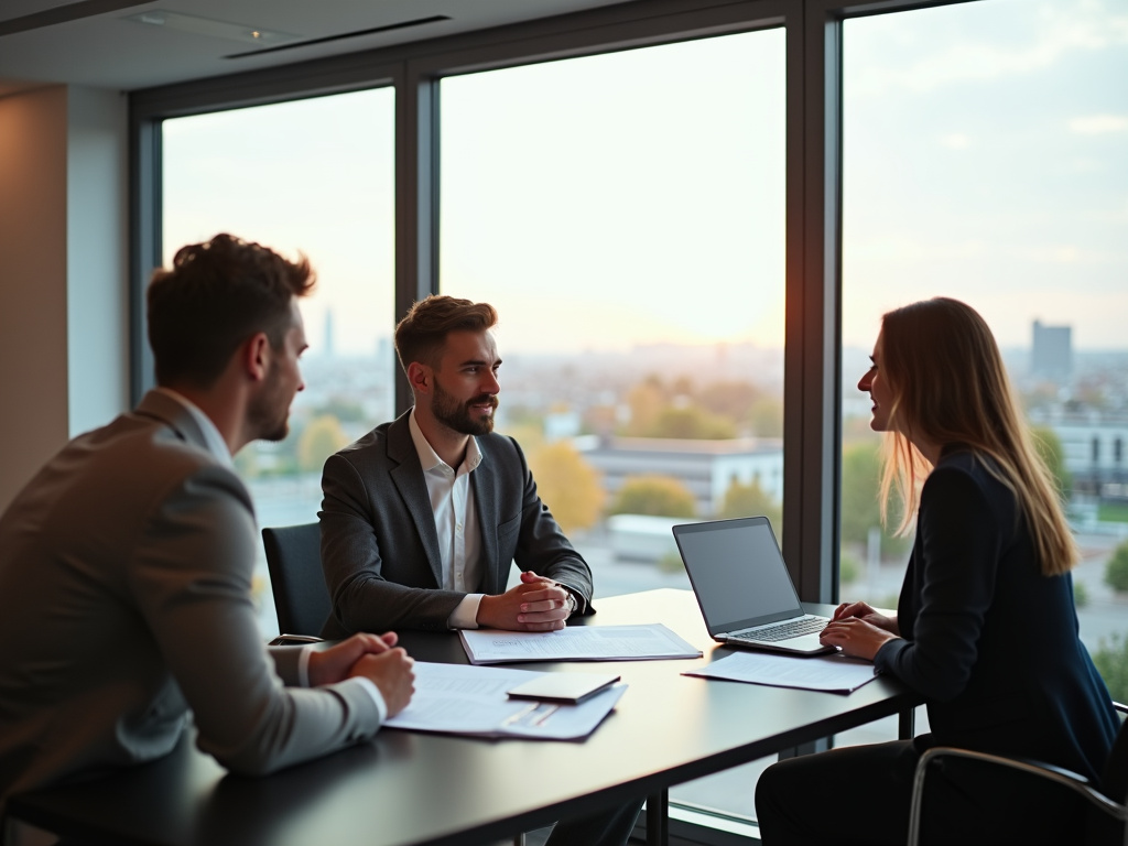 A young couple discusses decision-making criteria for construction financing with a consultant.
