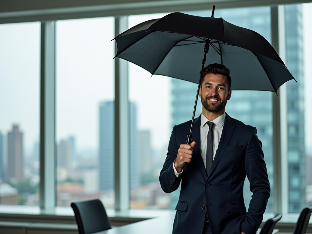 Un lavoratore con un ombrello protettivo come simbolo di sicurezza finanziaria.