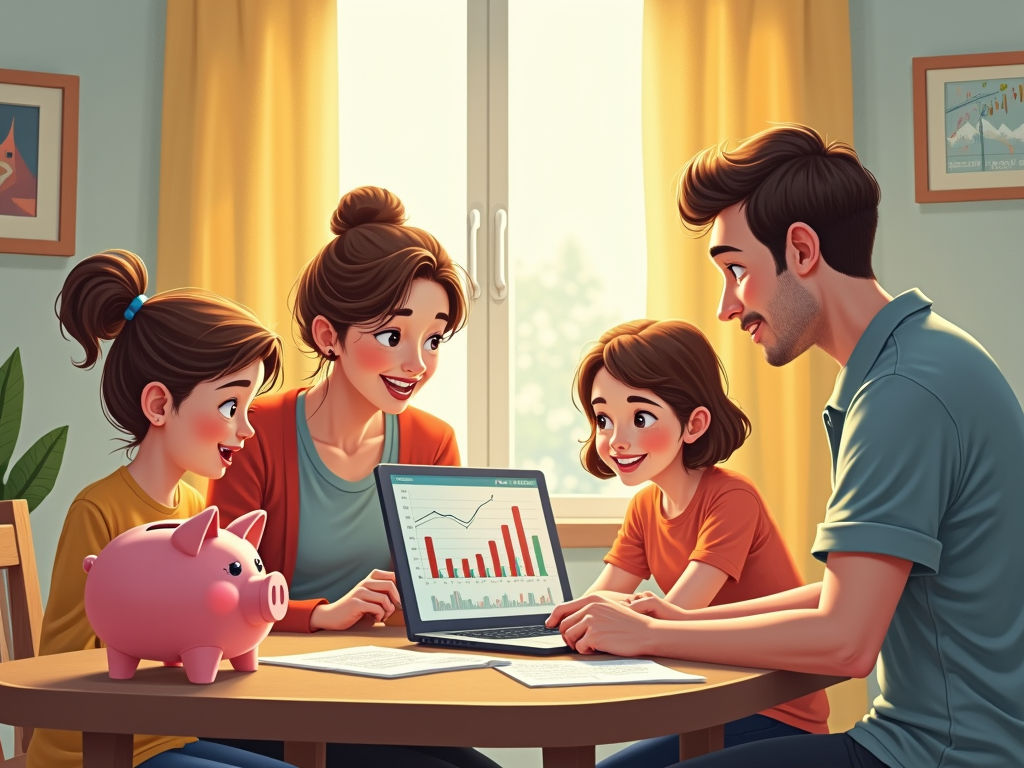 Familie diskutiert über Sparpläne und Depots zur Sicherung der finanziellen Zukunft ihrer Kinder.