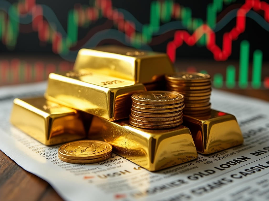 Gold bars and coins in front of a backdrop of financial newspapers and rising economic charts.