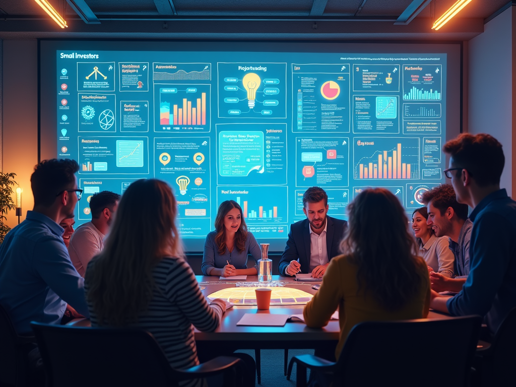 Investoren diskutieren auf einer Crowdinvesting-Plattform über innovative Startup-Ideen.