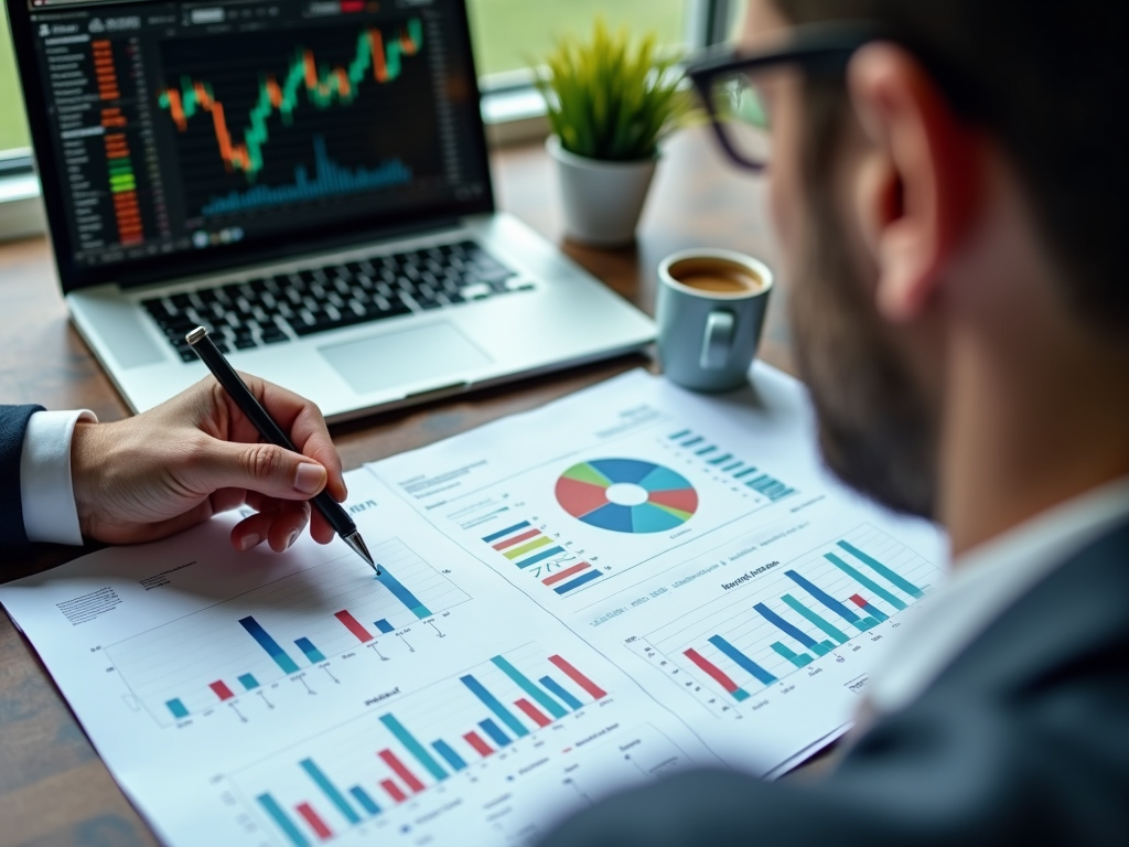 An investor analyzes stock charts and financial reports to determine value.