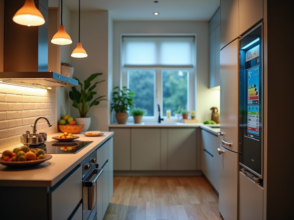 Modern kitchen with lighting and high energy efficiency appliances.