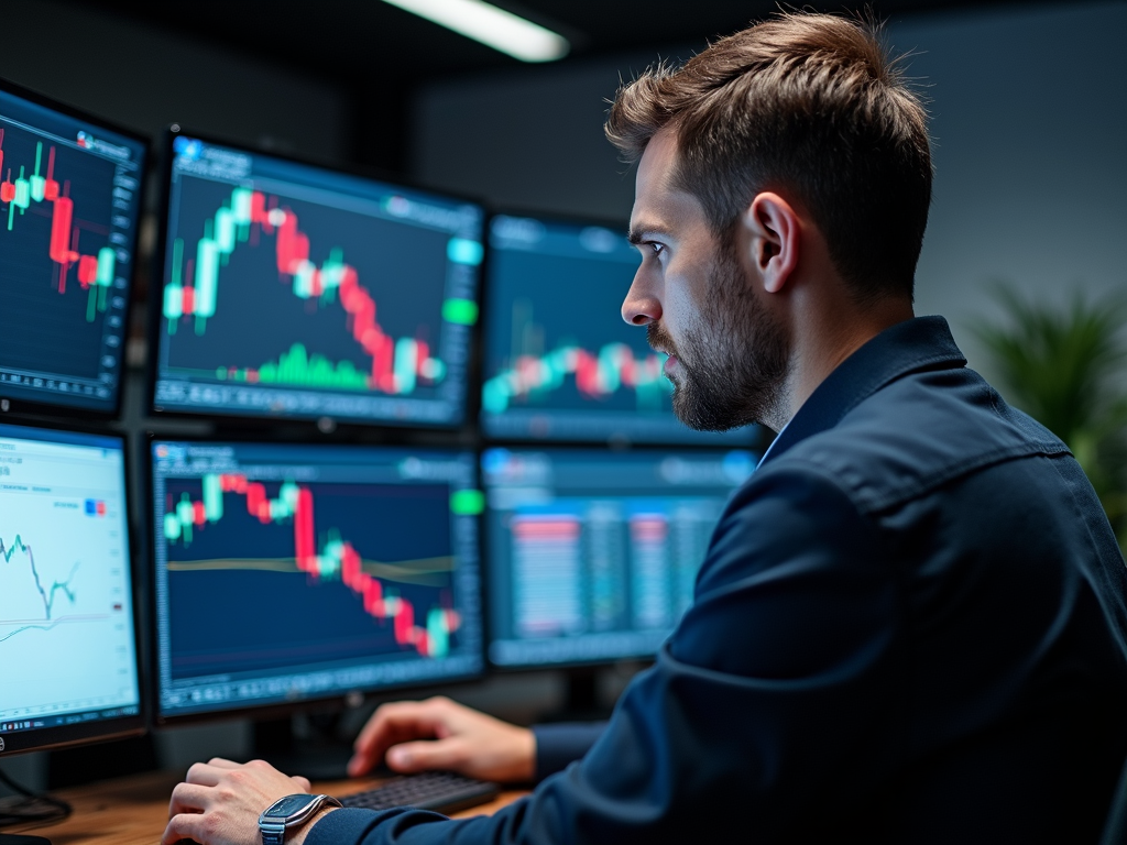 Trader analizza strategie di mercato con stop-loss e diversificazione.