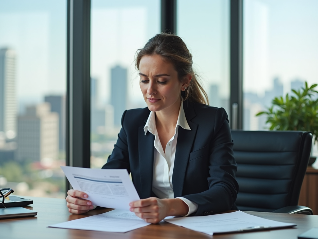 A businessman checks the documents of his BU insurance to protect himself from financial risks.