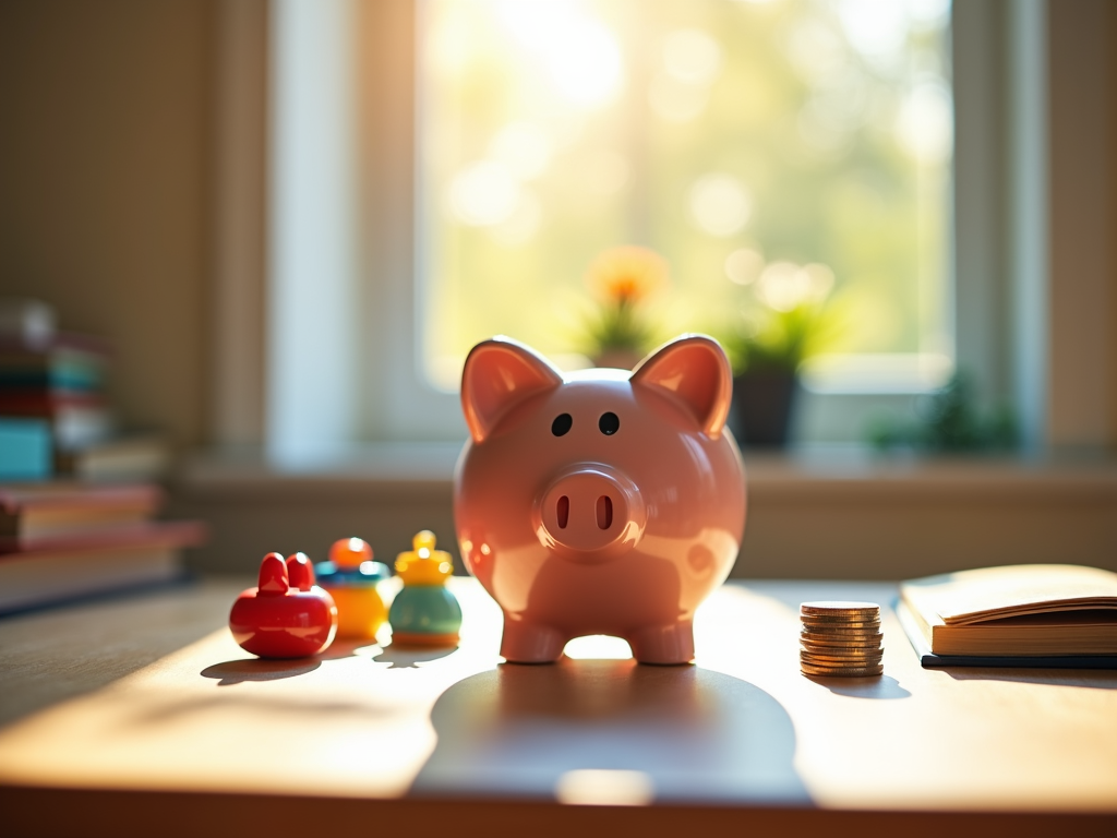 A piggy bank on a child's desk, surrounded by toys and coins.