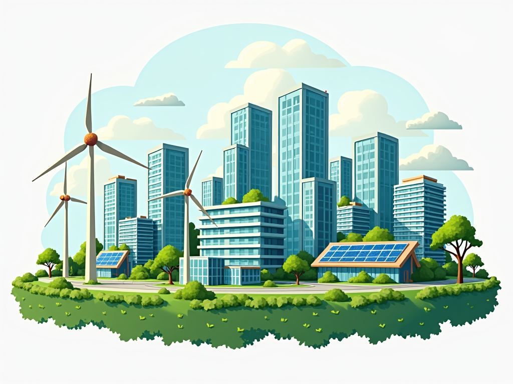 A modern image of a city with green energy solutions representing the shift towards sustainable practices.