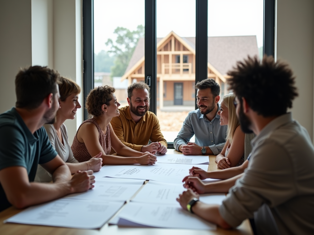 A family discussing building plans and financing options.