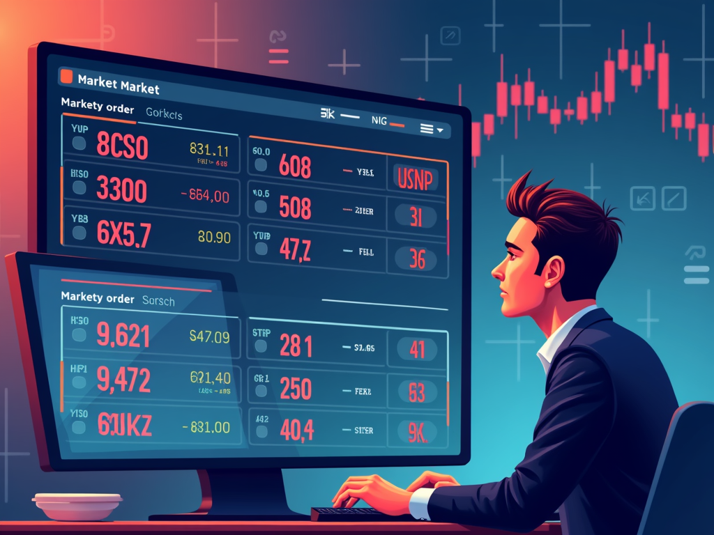 A trader analyzes market orders and limit orders on a trading screen.
