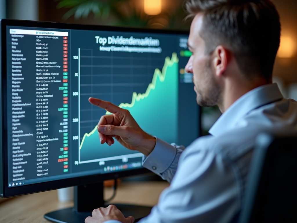 Ein Finanzberater analysiert die besten Dividendenaktien auf einem Bildschirm.
