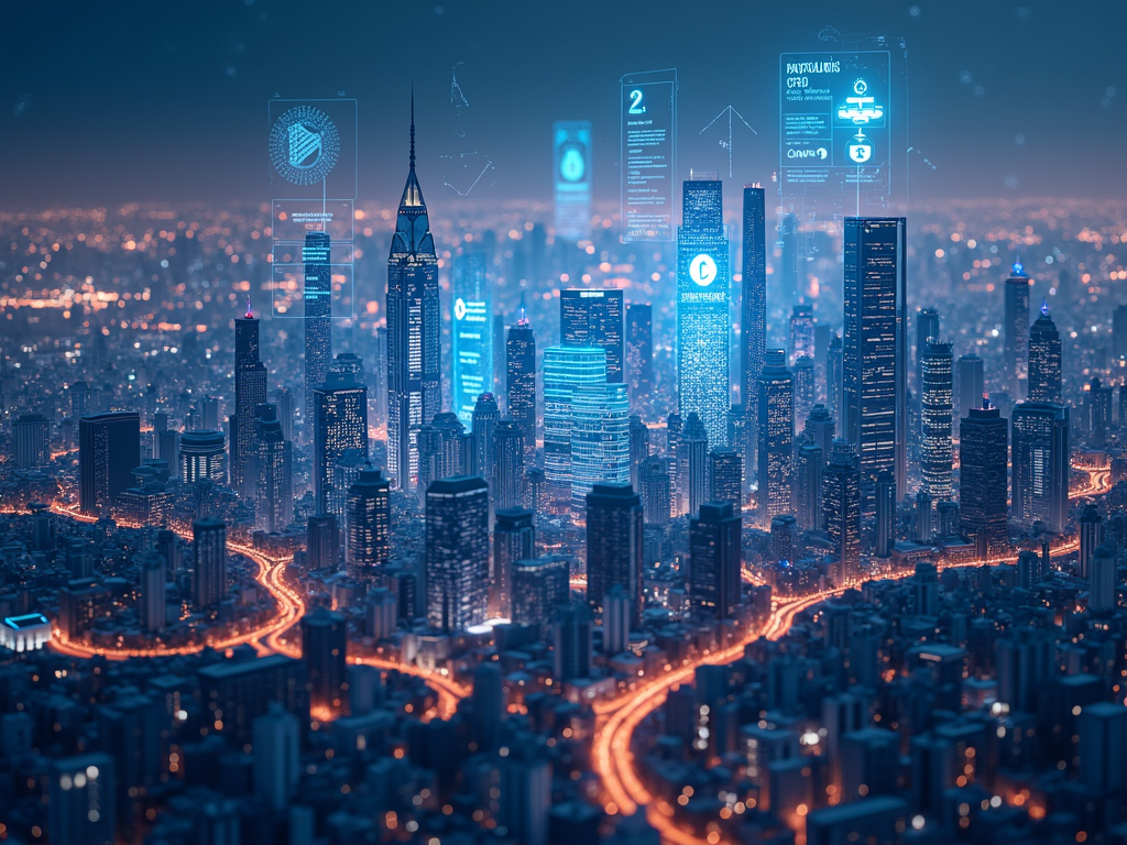 Un skyline futuristico con elementi di blockchain che illustra gli sviluppi tecnologici e normativi nel campo delle criptovalute.