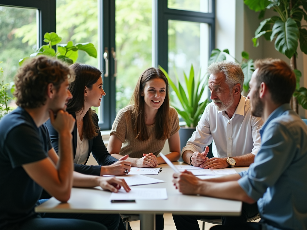 Investoren diskutieren nachhaltige Anlagestrategien in einer umweltfreundlichen Umgebung.