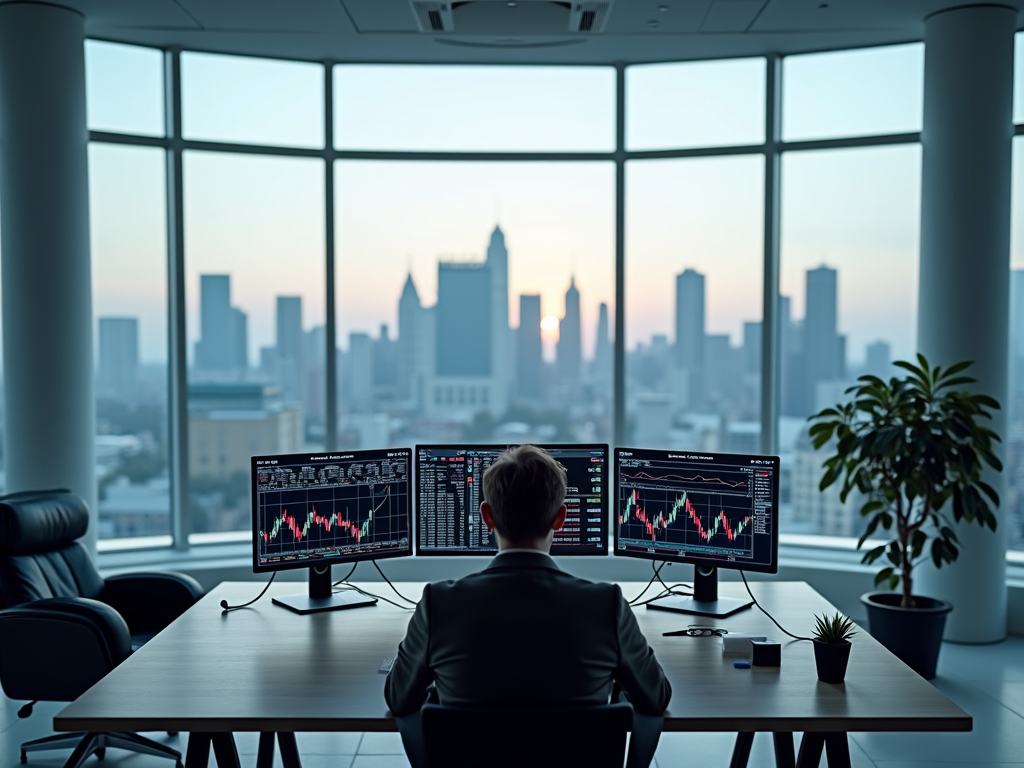 Ein Schreibtisch mit Monitoren, die Aktiencharts und Finanzdaten zeigen, in einem modernen Büro.