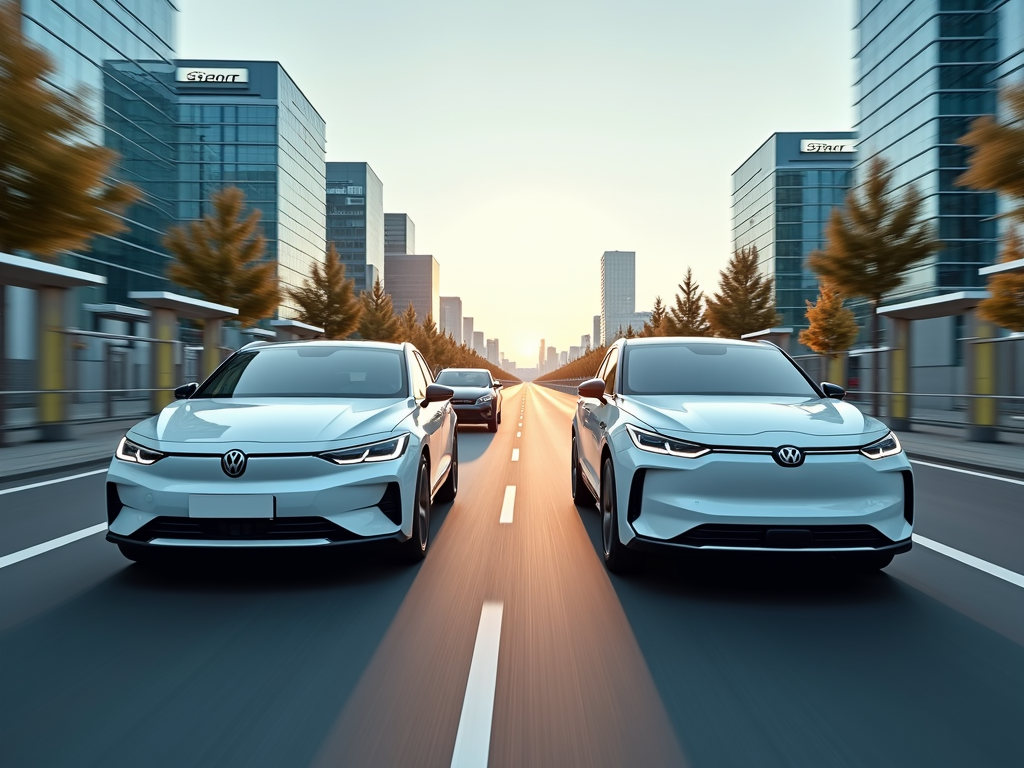 Deutsche und südkoreanische Elektrofahrzeuge in einem modernen, urbanen Umfeld.