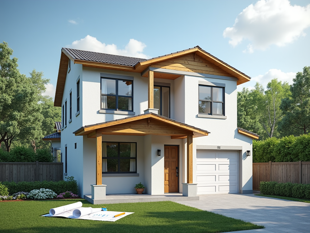 Modernes Haus im Bau mit überlagerten Bauplänen und Finanzdiagrammen, symbolisiert Baufinanzierung.