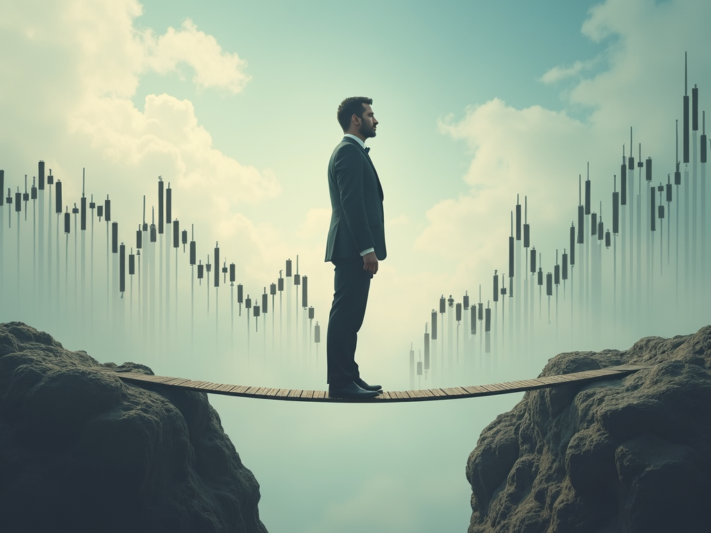 Ein ruhiger Investor auf einem metaphorischen Seil, umgeben von schwankenden Börsengrafiken.