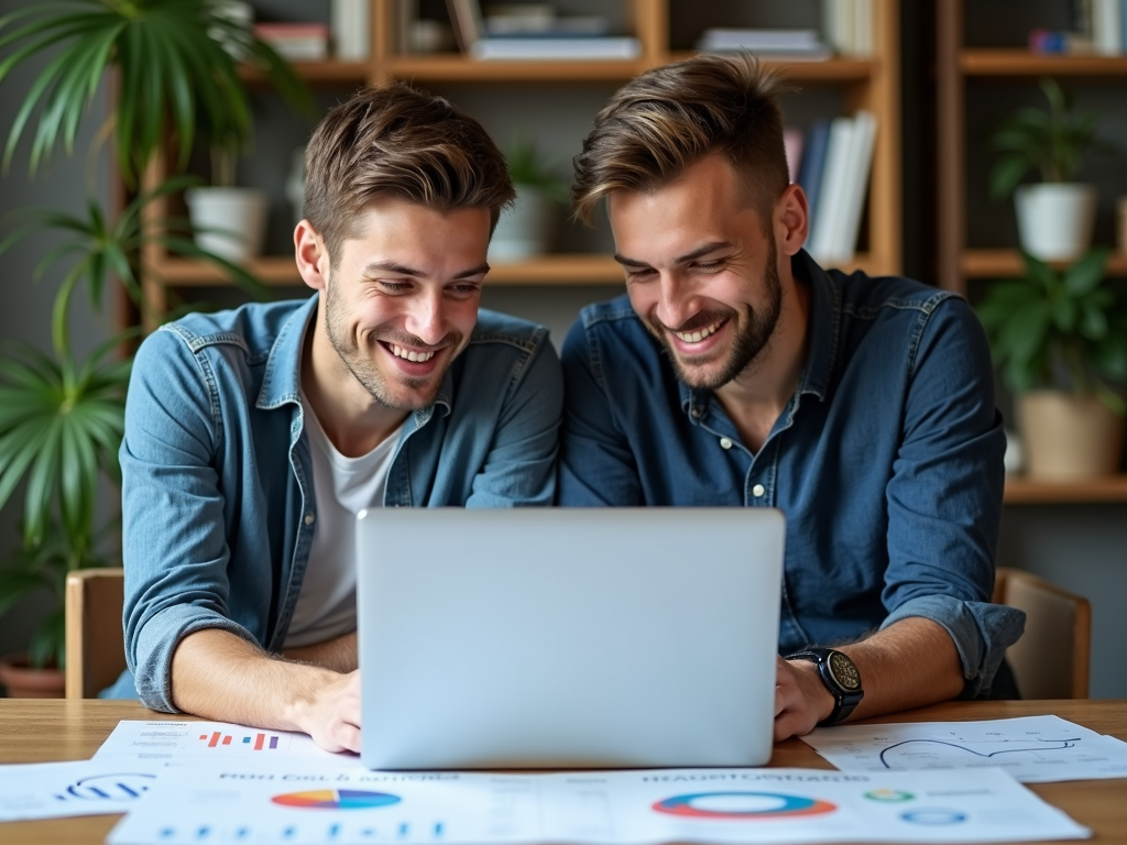 A young couple planning their financial future with a stock savings plan.
