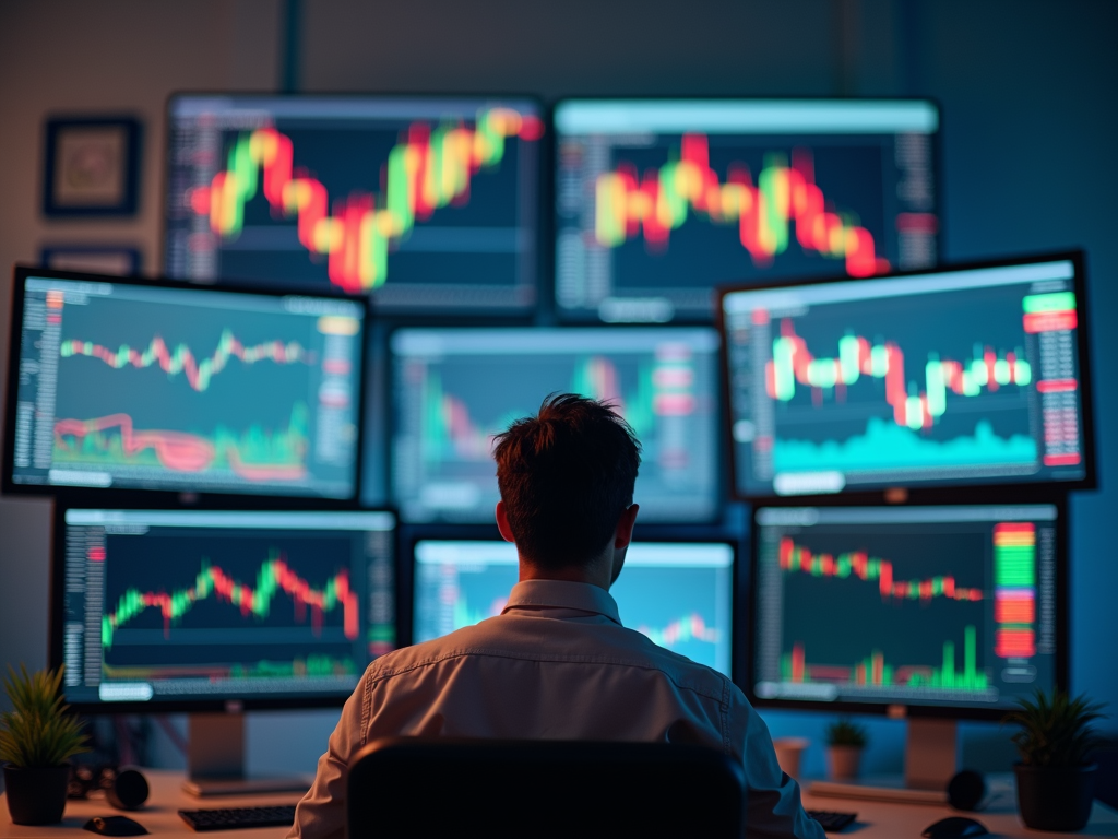 A trader closely observes market movements while betting on falling prices.