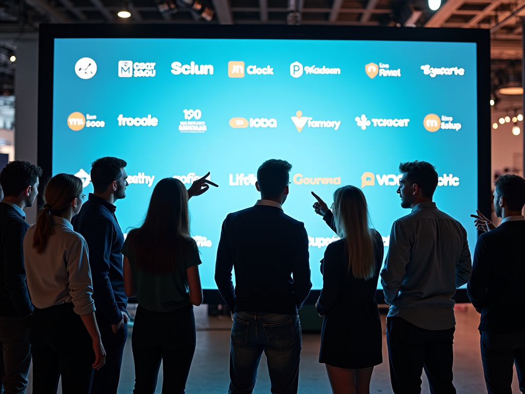 Persone discutono di investimenti in start-up su uno schermo digitale.