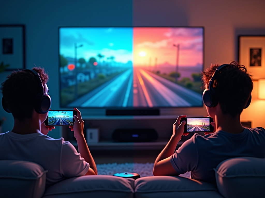 Eine geteilte Ansicht zeigt Cloud-Gaming auf einem mobilen Gerät und ein Konsolen-Gaming-Setup.