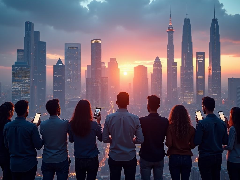 Eine Gruppe von Investoren mit Smartphones vor einer futuristischen Stadt, die durch Crowdinvesting ermöglichte Erfolge darstellt.