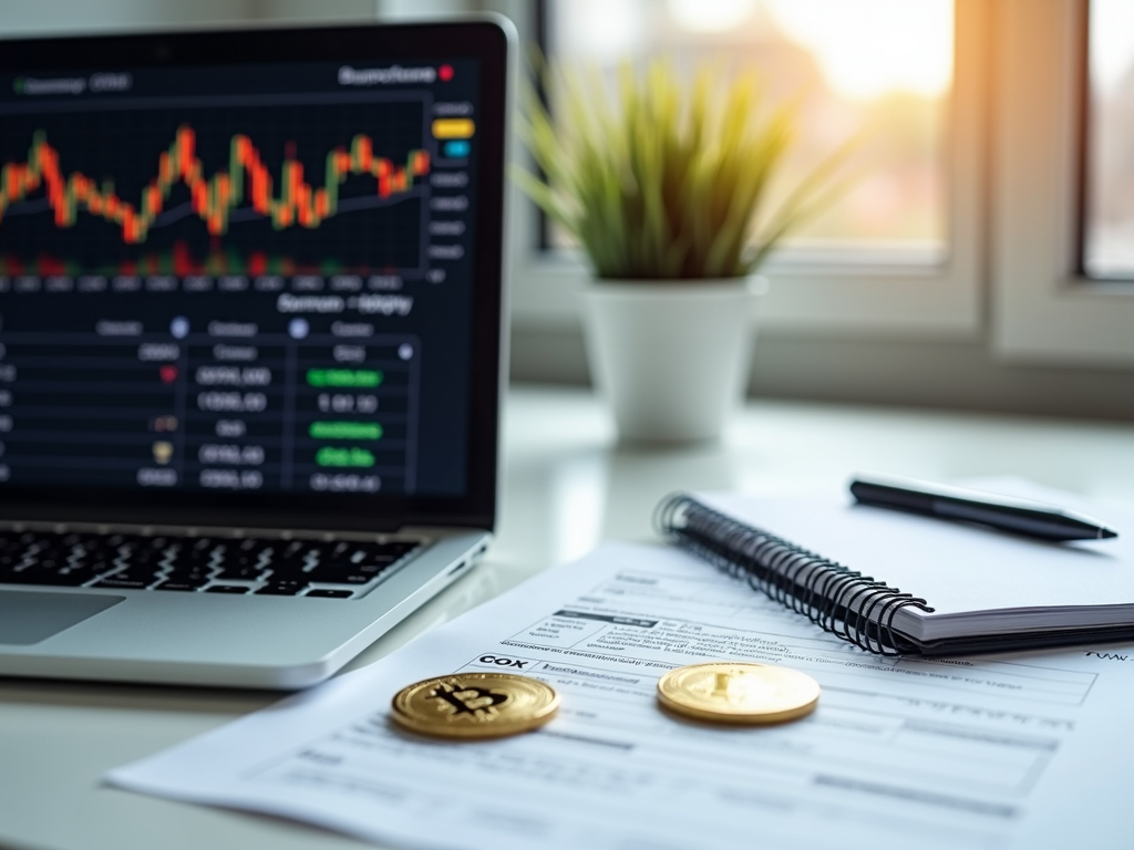 Schreibtisch mit Laptop, Krypto-Diagrammen, deutschem Steuerformular und Bitcoin-Münze.