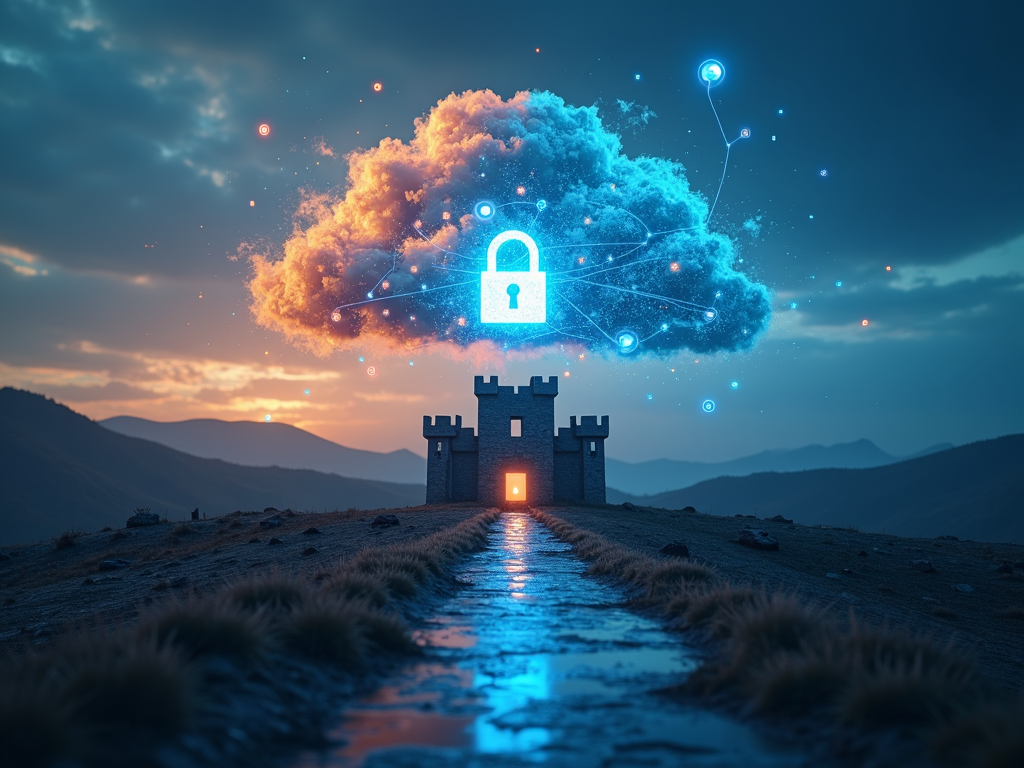 A digital scene showing a secure fortress and a dynamic cloud, symbolizing cybersecurity and innovation.