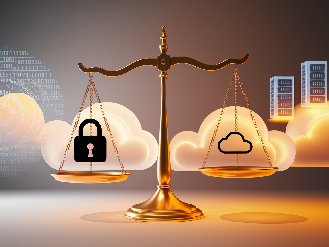Eine Waage mit Cybersecurity- und Cloud-Computing-Symbolen auf jeder Seite.