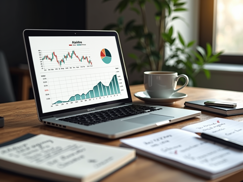 Ein Laptop mit Diagrammen, Aktienzertifikate, Notizbuch und Kaffee auf einem Schreibtisch, das die Dividendenstrategie darstellt.