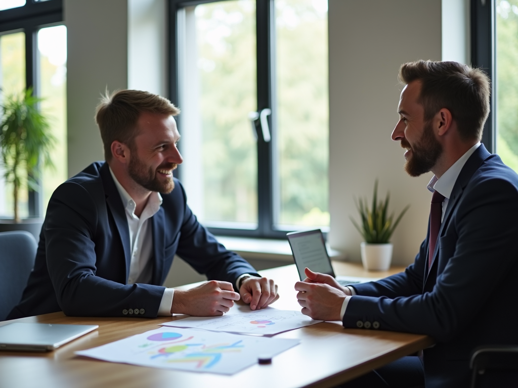 Ein Selbstständiger diskutiert Firmenkreditoptionen mit einem Bankberater.