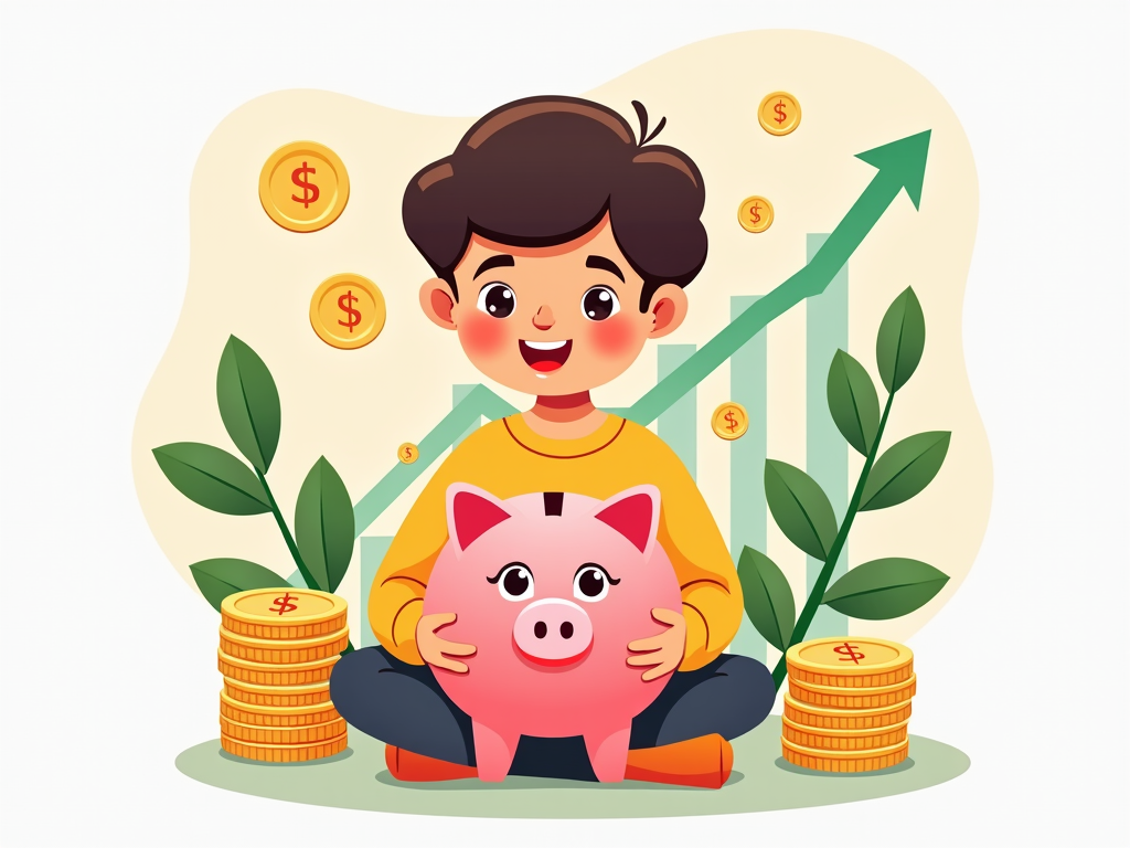 A child holding a piggy bank, surrounded by symbols of financial growth.