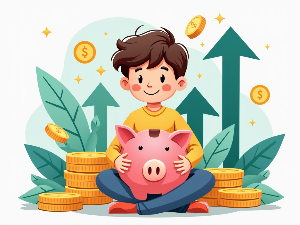 A child holding a piggy bank, surrounded by symbols of financial growth.
