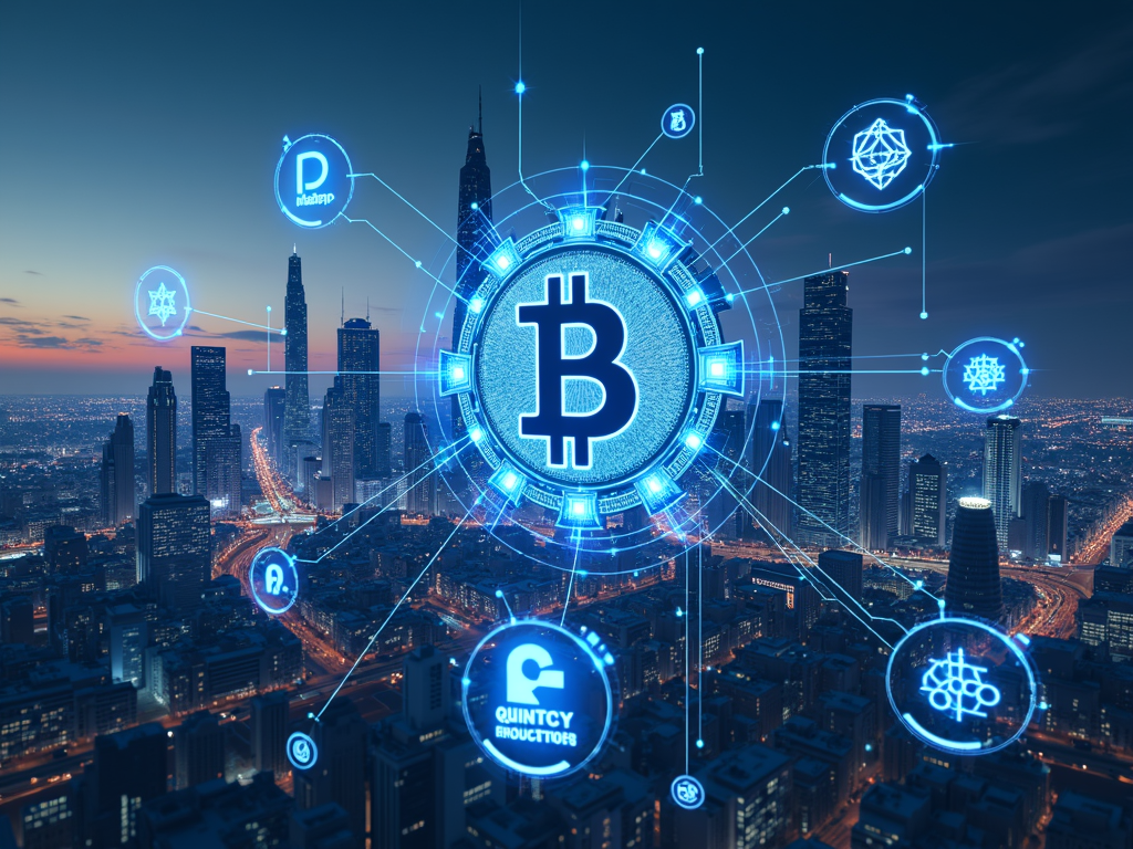 Un skyline futuristico con elementi di blockchain che illustra gli sviluppi tecnologici e normativi nel campo delle criptovalute.